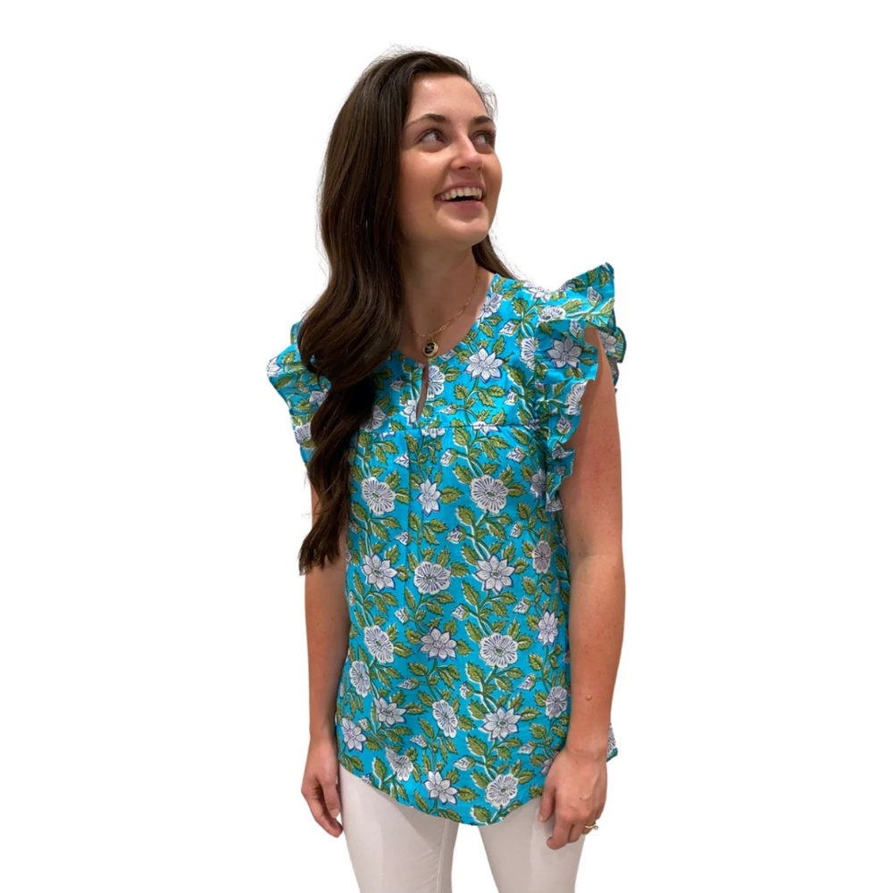 Liza Byrd   Whitley Cotton Hand Block  Flutter Sleeve Top in Turquoise Print NWT
